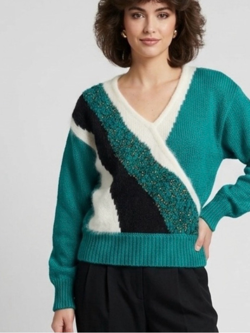 VTG 80s 90s Geometric
Colorblock Emerald Textured
Knit Sweater Faux Wrap M